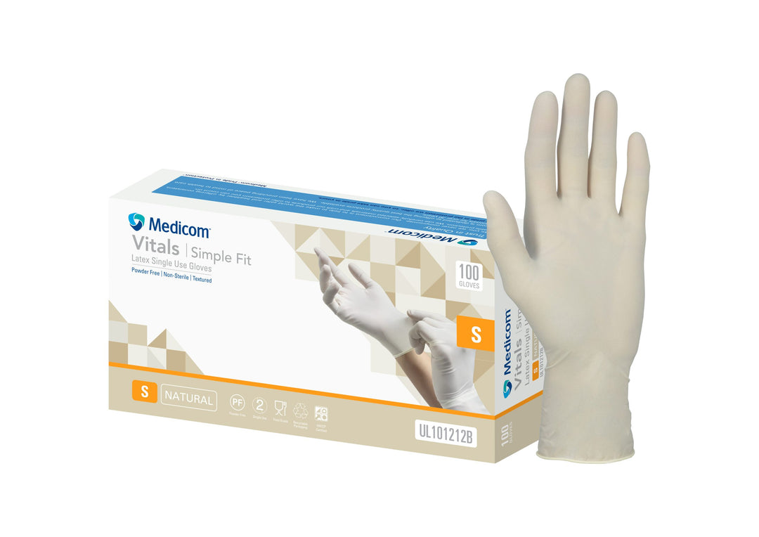 Box of Medicom Vitals gloves with a single glove displayed on a white background