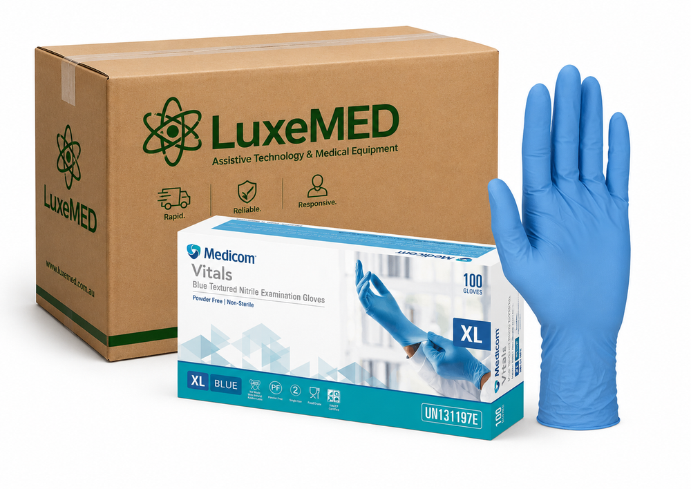 LuxeMED box, Medicom gloves packaging, and blue glove on a white background