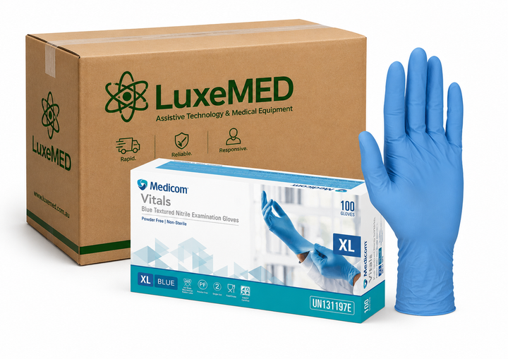 LuxeMED box, Medicom gloves packaging, and blue glove on a white background