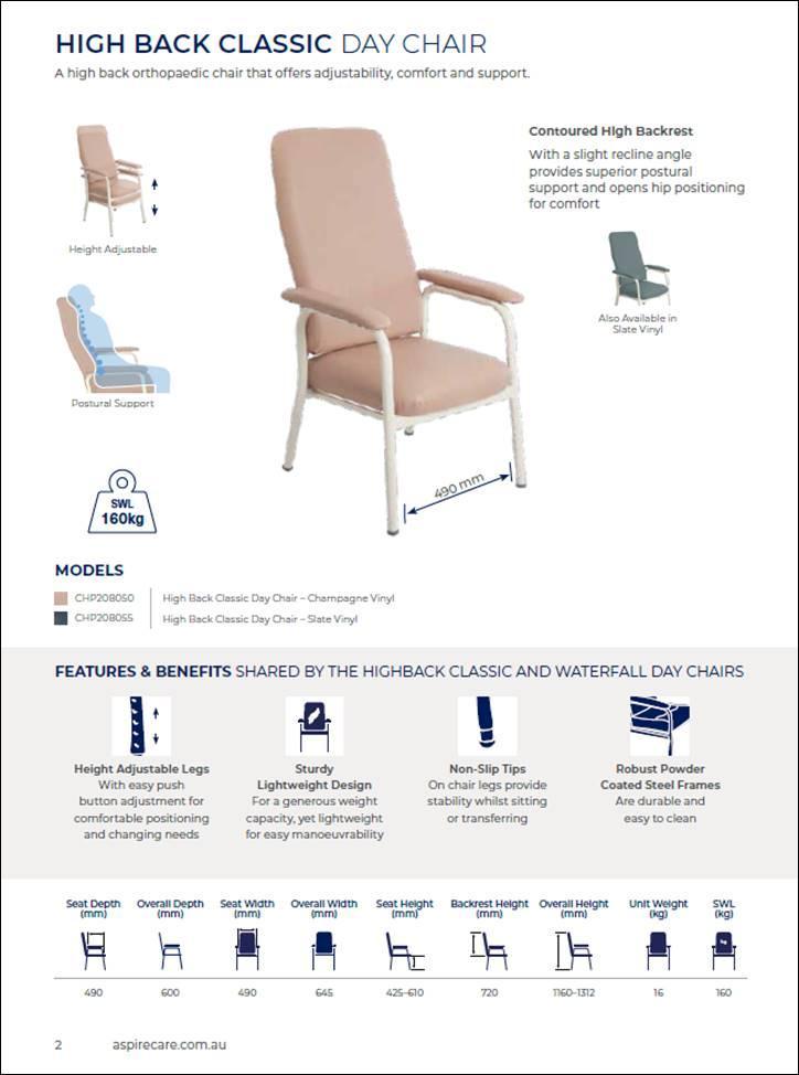 Aspire High Back Classic Day Chair - Slate [Hire Only] - LuxeMED