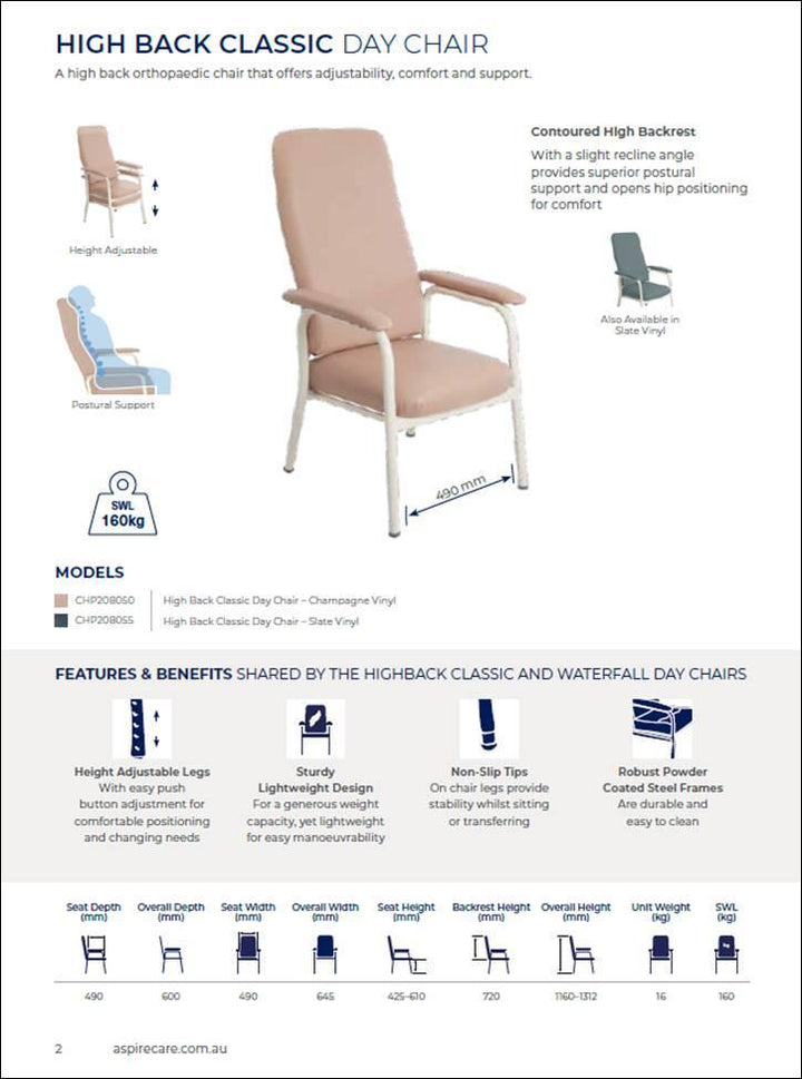 Aspire High Back Classic Day Chair - Slate [Hire Only] - LuxeMED
